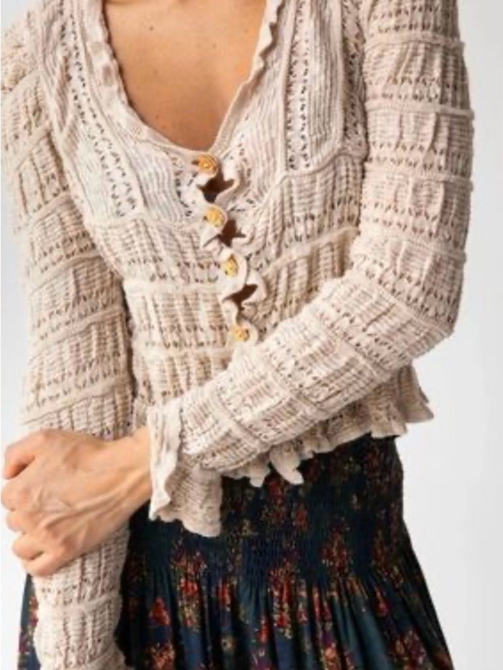Natural Life S Juliet Knit Ruffle Cardigan Flower Buttons Boho Hippie Romantic